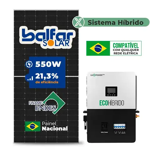 Gerador de Energia Solar Hibrido Luxpower sem Bateria Sem Estrutura SGF 7,7KWP FINAME 550W ECO HIBRIDO 5KW 220V DC48V SEM BATERIA