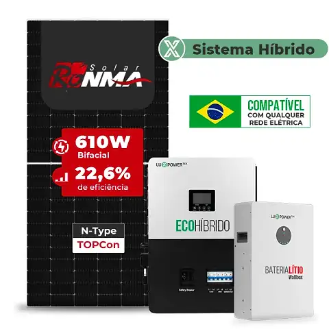 Gerador de Energia Solar Hibrido Luxpower com Bateria Telhado Metálico Mini Trilho SGF 8,54KWP RONMA 610W ECO HIBRIDO 5KW 220V DC48V BAT. LITIO 5,12kWh
