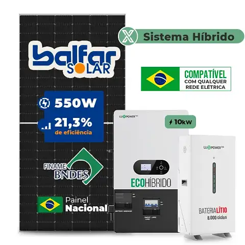 Gerador de Energia Solar Hibrido Luxpower com Bateria Laje Inclinação SGF 15,4KWP FINAME 550W ECO HIBRIDO 10KW 220V DC48V BAT. LITIO 14,3kWh