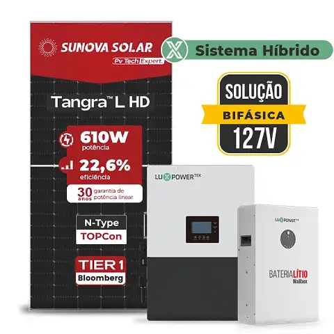 Gerador de Energia Solar Hibrido Luxpower Telhado Metálico Mini Trilho SGF 7,32KWP SUNOVA 610W LXP-LB-BR 5KW AC 127 BIFASICO DC48V BAT. LITIO 5,12kWh