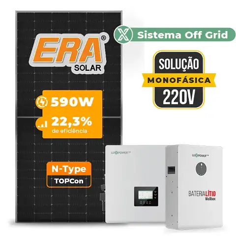 Gerador de Energia Solar Off Grid Interativo Luxpower Telhado Metálico Mini Trilho SGF 17,7KWP ERA 590W GEN-LB-EU 10KW AC 220 MONO DC48V BAT. LITIO 15,36kWh