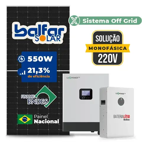 Gerador de Energia Solar Off Grid Interativo Luxpower Telhado Fibro Parafuso Metal SGF 6,6KWP FINAME 550W GEN-LB-EU 5KW AC 220 MONO DC48V BAT. LITIO 5,12kWh