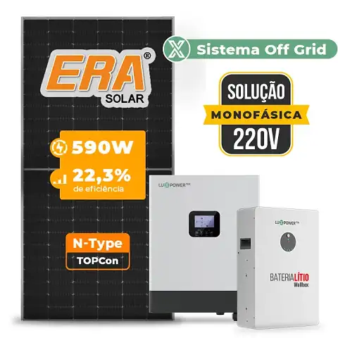 Gerador de Energia Solar Off Grid Interativo Luxpower Telhado Metálico Mini Trilho SGF 7,08KWP ERA 590W GEN-LB-EU 5KW AC 220 MONO DC48V BAT. LITIO 5,12kWh