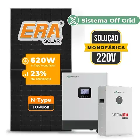 Gerador de Energia Solar Off Grid Interativo Luxpower Sem Estrutura SGF 7,44KWP ERA 620W GEN-LB-EU 5KW AC 220 MONO DC48V BAT. LITIO 5,12kWh
