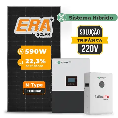 Gerador de Energia Solar Hibrido Luxpower Telhado Metálico Mini Trilho SGF 18,88KWP ERA 590W LXP-LB-BR 5KW AC TRIF. 220V DC48V BAT. LITIO 15,36kWh