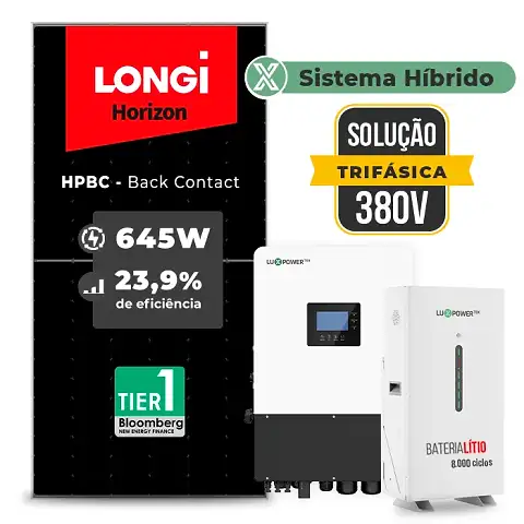 Gerador de Energia Solar Hibrido Luxpower sem Bateria Sem Estrutura SGF 18,06KWP LONGI 645W HIBRIDO 15KW TRIF 380V DC48V SEM BATERIA