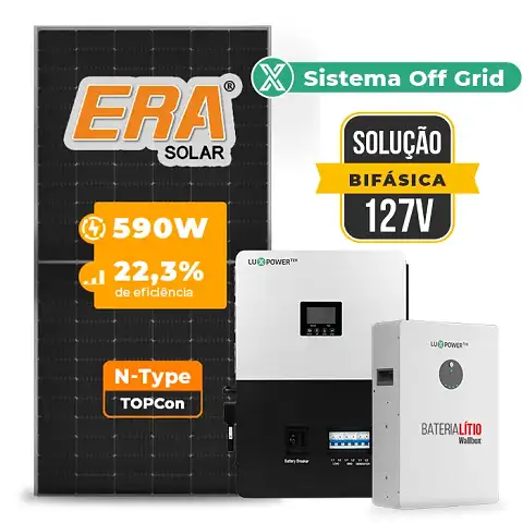 Gerador de Energia Solar Off Grid Interativo Luxpower Telhado Metálico Mini Trilho SGF 7,08KWP ERA 590W SNA-BR 5KW AC 127 BIFASICO DC48V BAT. LITIO 5,12kWh