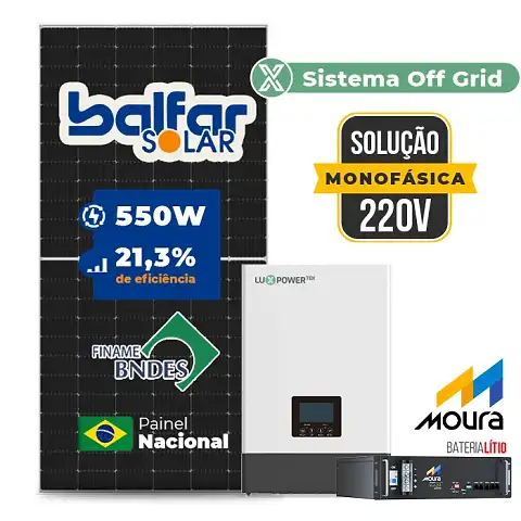 Gerador de Energia Solar Off Grid Interativo Luxpower Telhado Cerâmico Gancho SGF 7,7KWP FINAME 550W WPV 5KW AC 220 MONO DC48V BAT. LITIO 4,8kWh