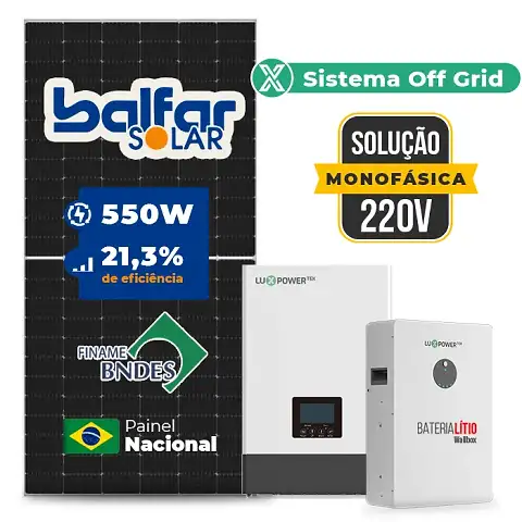 Gerador de Energia Solar Off Grid Interativo Luxpower Sem Estrutura SGF 8,8KWP FINAME 550W WPV 5KW AC 220 MONO DC48V BAT. LITIO 5,12kWh