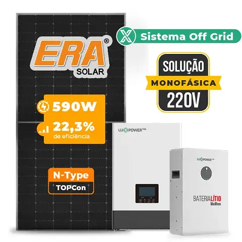 Gerador de Energia Solar Off Grid Interativo Luxpower Telhado Metálico Mini Trilho SGF 9,44KWP ERA 590W WPV 5KW AC 220 MONO DC48V BAT. LITIO 5,12kWh