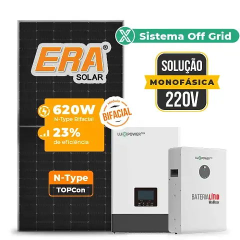 Gerador de Energia Solar Off Grid Interativo Luxpower Telhado Metálico Mini Trilho SGF 9,92KWP ERA BIF 620W WPV 5KW AC 220 MONO DC48V BAT. LITIO 5,12kWh