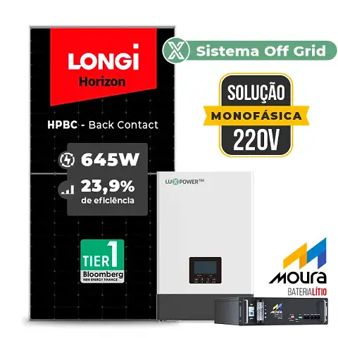Gerador de Energia Solar Retrofit Luxpower Sem Estrutura SGF 1,29KWP LONGI 645W WPV 5KW AC 220 MONO DC48V BAT. LITIO 4,8kWh