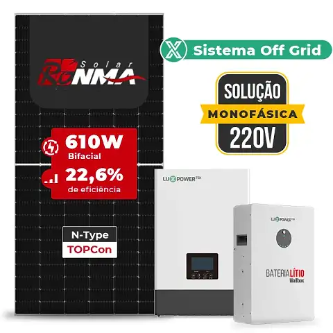 Gerador de Energia Solar Retrofit Luxpower Sem Estrutura SGF 1,22KWP RONMA 610W WPV 5KW AC 220 MONO DC48V BAT. LITIO 5,12kWh