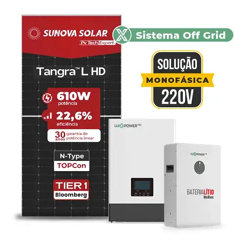 Gerador de Energia Solar Off Grid Interativo Luxpower Telhado Metálico Mini Trilho SGF 8,54KWP SUNOVA 610W WPV 5KW AC 220 MONO DC48V BAT. LITIO 5,12kWh