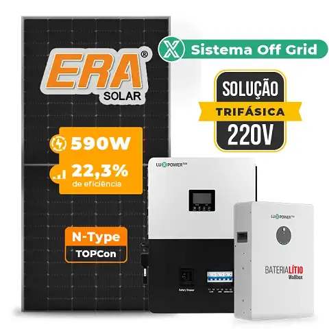 Gerador de Energia Solar Off Grid Interativo Luxpower Telhado Metálico Mini Trilho SGF 25,96KWP ERA 590W SNA-BR 5KW AC TRIF. 220V DC48V BAT. LITIO 20,48kWh