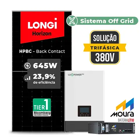 Gerador de Energia Solar Retrofit Luxpower Sem Estrutura SGF 3,87KWP LONGI 645W WPV 5KW AC TRIF. 380V DC48V BAT. LITIO 19,2kWh