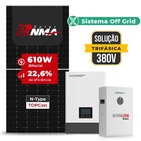 Gerador de Energia Solar Retrofit Luxpower Sem Estrutura SGF 3,66KWP RONMA 610W WPV 5KW AC TRIF. 380V DC48V BAT. LITIO 20,48kWh