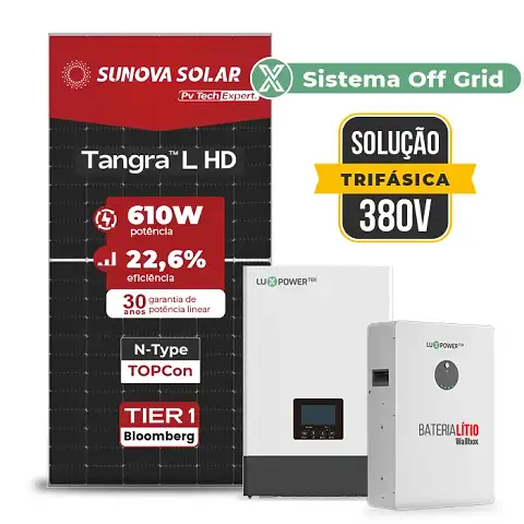 Gerador de Energia Solar Off Grid Interativo Luxpower Telhado Metálico Mini Trilho SGF 26,84KWP SUNOVA 610W WPV 5KW AC TRIF. 380V DC48V BAT. LITIO 20,48kWh