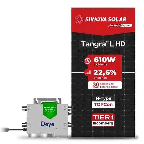 Gerador de Energia Solar Microinversor DEYE Telhado Metálico Mini Trilho SGF 19,52KWP SUNOVA N-TYPE MONO 610W SUN 2.25KW 4MPPT MONO 220V