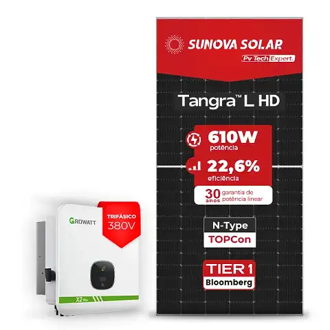 Gerador de Energia Solar On Grid Growatt Solo Mesa 8 Painéis SGF 15,86KWP SUNOVA N-TYPE MONO 610W MOD X2 15KW 2MPPT TRIF 380V