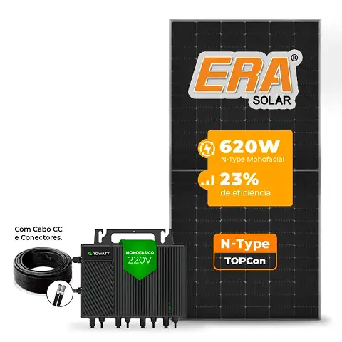 Gerador de Energia Solar Microinversor Growatt Telhado Fibro Parafuso Madeira SGF 2,48KWP ERA N-TYPE MONO 620W NEO 2KW 4MPPT MONO 220V COM CABO