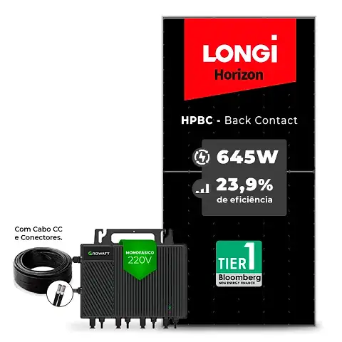 Gerador de Energia Solar Microinversor Growatt Laje Inclinação SGF 5,16KWP LONGI 645W HPBC NEO 2KW 4MPPT MONO 220V COM CABO