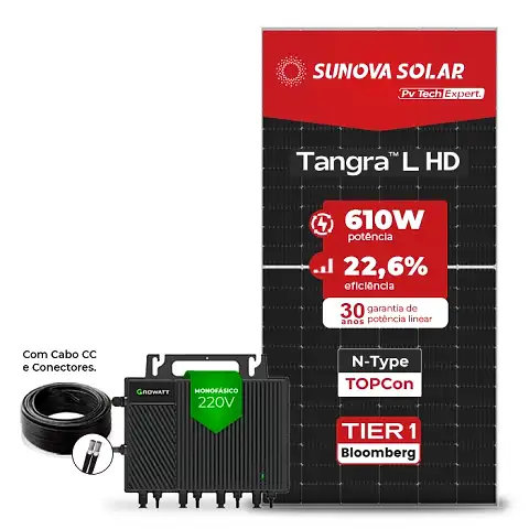 Gerador de Energia Solar Microinversor Growatt Telhado Metálico Mini Trilho SGF 12,2KWP SUNOVA N-TYPE MONO 610W NEO 2KW 4MPPT MONO 220V COM CABO 