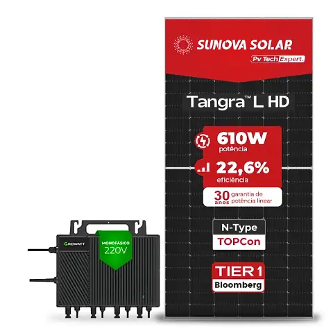Gerador de Energia Solar Microinversor Growatt Telhado Metálico Mini Trilho SGF 21,96KWP SUNOVA N-TYPE MONO 610W NEO 2KW 4MPPT MONO 220V