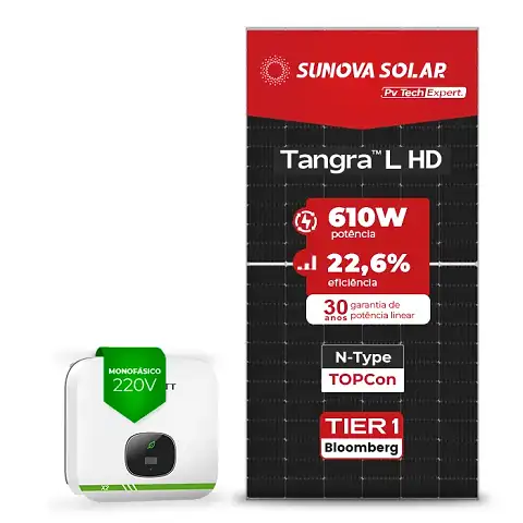 Gerador de Energia Solar On Grid Growatt Telhado Metálico Mini Trilho SGF 4,88KWP SUNOVA N-TYPE MONO 610W MIN X2 5KW 2MPPT MONO 220V