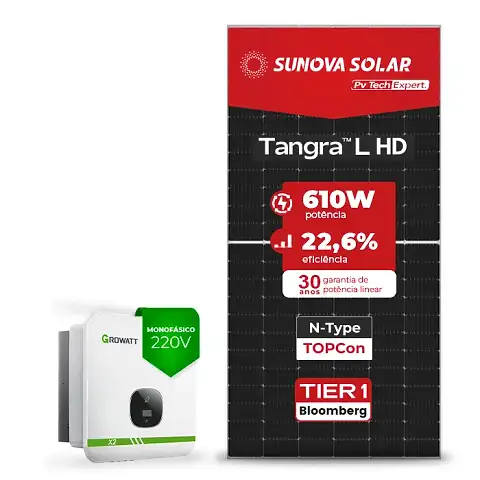 Gerador de Energia Solar On Grid Growatt Telhado Metálico Mini Trilho SGF 8,54KWP SUNOVA N-TYPE MONO 610W MIN X2 8KW 3MPPT MONO 220V