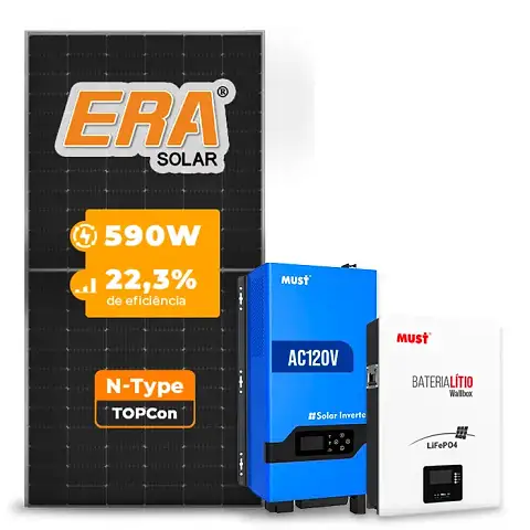 Gerador de Energia Solar Off Grid Interativo Must Telhado Metálico Mini Trilho SGF 4,72KWP ERA 590W PV29 LHP 5KW AC120V DC48V BAT. LITIO 5.12KWH 100A