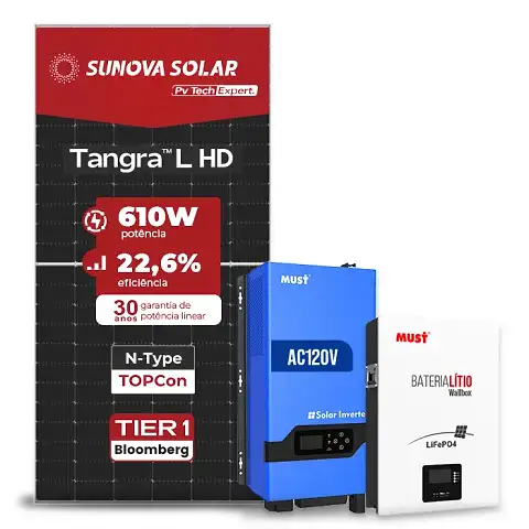 Gerador de Energia Solar Off Grid Interativo Must Telhado Metálico Mini Trilho SGF 7,32KWP SUNOVA 610W PV29 LHP 5KW AC120V DC48V BAT. LITIO 5.12KWH 100A