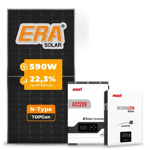 Gerador de Energia Solar Off Grid Interativo Must Telhado Metálico Mini Trilho SGF 4,72KWP ERA 590W PV29 HP 5KW AC220V DC48V BAT. LITIO 5.12KWH 100A