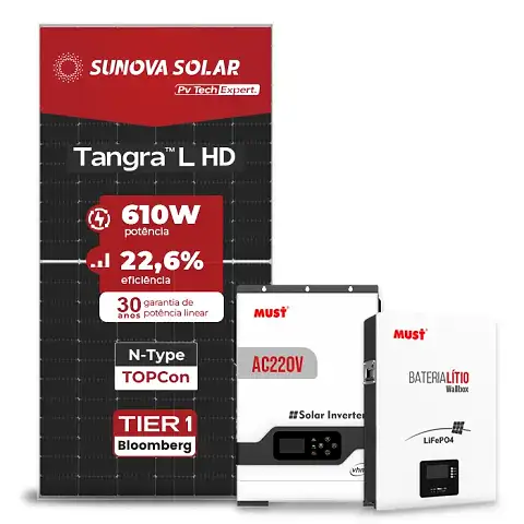 Gerador de Energia Solar Off Grid Interativo Must Telhado Metálico Mini Trilho SGF 4,88KWP SUNOVA 610W PV29 HP 5KW AC220V DC48V BAT. LITIO 5.12KWH 100A