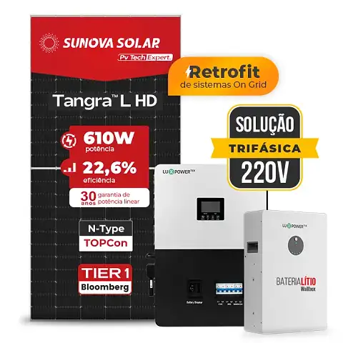 Gerador de Energia Solar Retrofit Luxpower Sem Estrutura SGF 3,66KWP SUNOVA 610W SNA-BR 5KW AC TRIF. 220V DC48V BAT. LITIO 20,48kWh