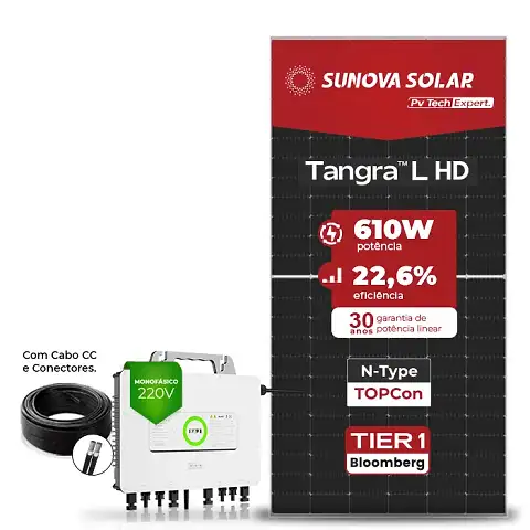 Gerador de Energia Solar Microinversor SAJ Telhado Metálico Mini Trilho SGF 9,76KWP SUNOVA N-TYPE MONO 610W M2 2.25KW 4MPPT MONO 220V COM CABO 