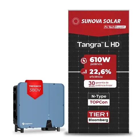 Gerador de Energia Solar On Grid Solplanet Telhado Metálico Mini Trilho SGF 56,12KWP SUNOVA N-TYPE MONO 610W ASW 40KW 3MPPT TRIF 380V