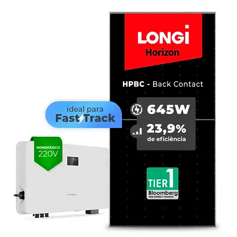Gerador de Energia Solar On Grid Sungrow Solo Mesa 8 Painéis SGF 7,74KWP LONGI 645W HPBC SG RS-L 7.5KW 2MPPT FAST TRACK MONO 220V