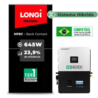 Gerador de Energia Solar Hibrido Luxpower sem Bateria Telhado Fibro Parafuso Madeira SGF 7,74KWP LONGI 645W ECO HIBRIDO 5KW 220V DC48V SEM BATERIA
