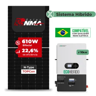 Gerador de Energia Solar Hibrido Luxpower sem Bateria Telhado Fibro Parafuso Madeira SGF 12,2KWP RONMA 610W ECO HIBRIDO 10KW 220V DC48V SEM BATERIA