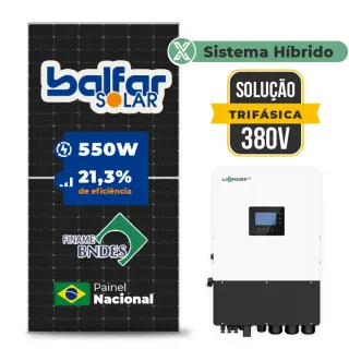 Gerador de Energia Solar Hibrido Luxpower sem Bateria Telhado Fibro Parafuso Madeira SGF 15,4KWP FINAME 550W HIBRIDO 15KW TRIF 380V DC48V SEM BATERIA