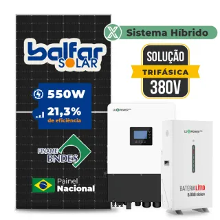 Gerador de Energia Solar Hibrido Luxpower com Bateria Laje Inclinação SGF 15,4KWP FINAME 550W HIBRIDO 15KW TRIF 380V DC48V BAT. LITIO 14,3kWh
