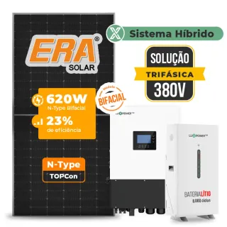 Gerador de Energia Solar Hibrido Luxpower sem Bateria Telhado Fibro Parafuso Madeira SGF 17,36KWP ERA BIF 620W HIBRIDO 15KW TRIF 380V DC48V SEM BATERIA
