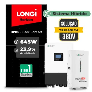Gerador de Energia Solar Hibrido Luxpower sem Bateria Telhado Fibro Parafuso Madeira SGF 18,06KWP LONGI 645W HIBRIDO 15KW TRIF 380V DC48V SEM BATERIA