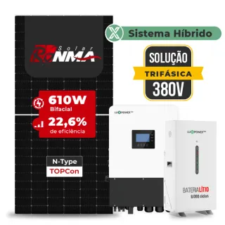 Gerador de Energia Solar Hibrido Luxpower com Bateria Laje Inclinação SGF 17,08KWP RONMA 610W HIBRIDO 15KW TRIF 380V DC48V BAT. LITIO 14,3kWh