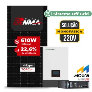 Gerador de Energia Solar Retrofit Luxpower Sem Estrutura SGF 1,22KWP RONMA 610W WPV 5KW AC 220 MONO DC48V BAT. LITIO 4,8kWh