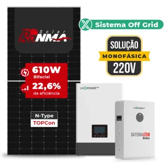Gerador de Energia Solar Retrofit Luxpower Sem Estrutura SGF 1,22KWP RONMA 610W WPV 5KW AC 220 MONO DC48V BAT. LITIO 5,12kWh