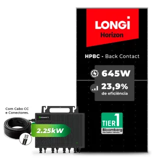 Gerador de Energia Solar Microinversor Growatt Laje Inclinação SGF 2,58KWP LONGI 645W HPBC NEO 2.25KW 4MPPT MONO 220V COM CABO