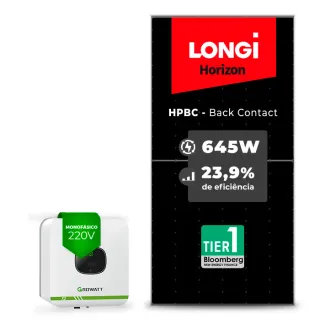 Gerador de Energia Solar On Grid Growatt Sem Estrutura SGF 3,87KWP LONGI 645W HPBC MIC X2 3KW 1MPPT MONO 220V
