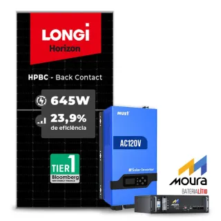 Gerador de Energia Solar Retrofit Must Sem Estrutura SGF 1,29KWP LONGI 645W PV29 LHP 5KW AC120V DC48V BAT. LITIO 4.8KWH 100A
